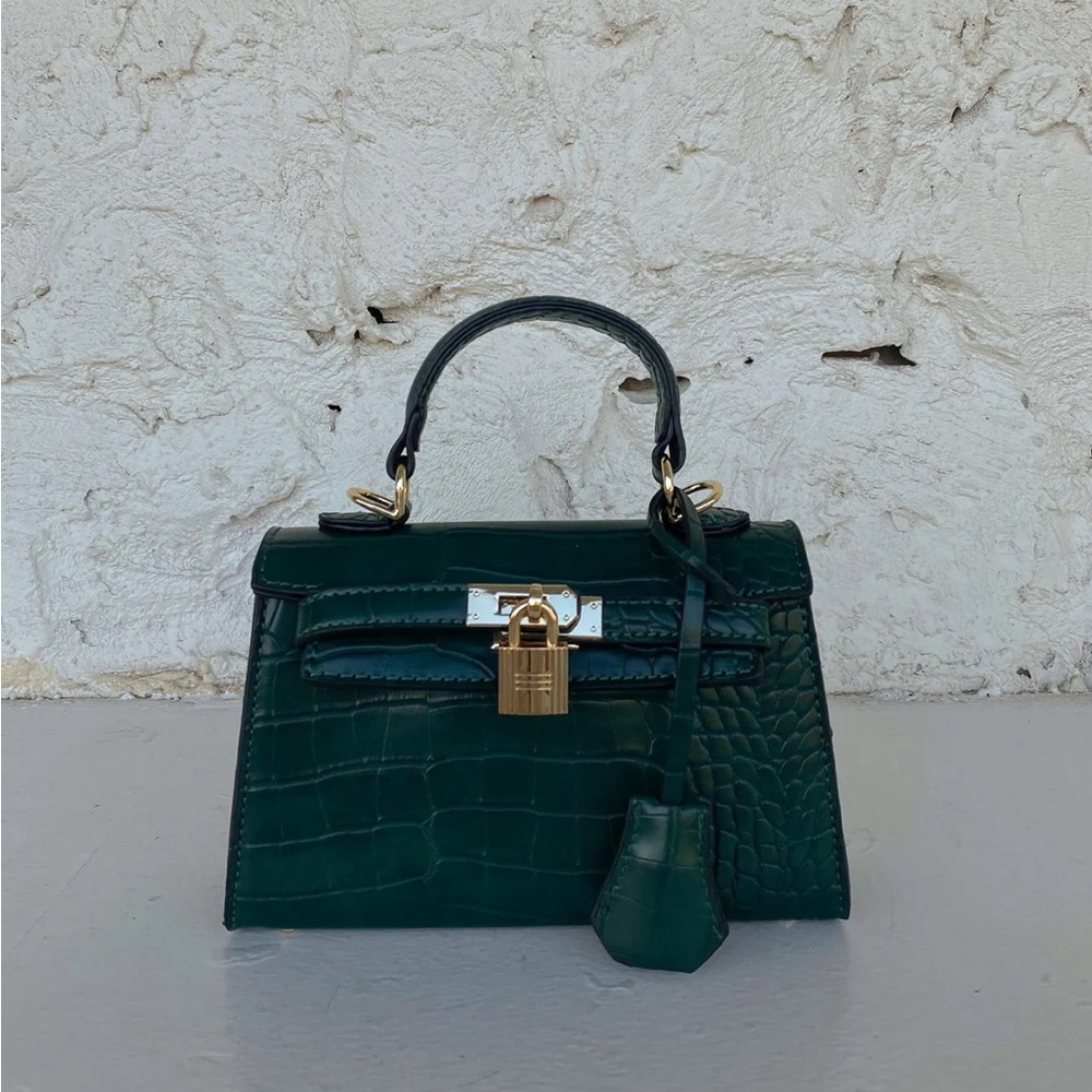 PETA + JAIN Green Crocodile-Embossed Handbag With Gold Hardware